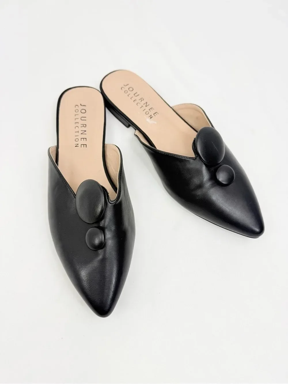 Journee Collection MALLORIE Black Vegan Leather Button Pointed Toe Slide Shoe